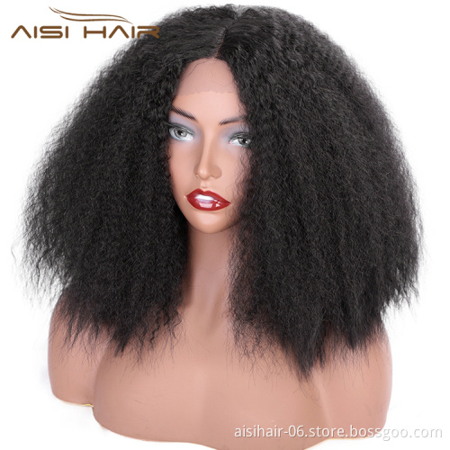 Aisi Hair Short Kinky Fluffy Natural Black Wig Cheap Middle Part Synthetic Lace Front Wig Afro Curly Hair Wigs For Black Women